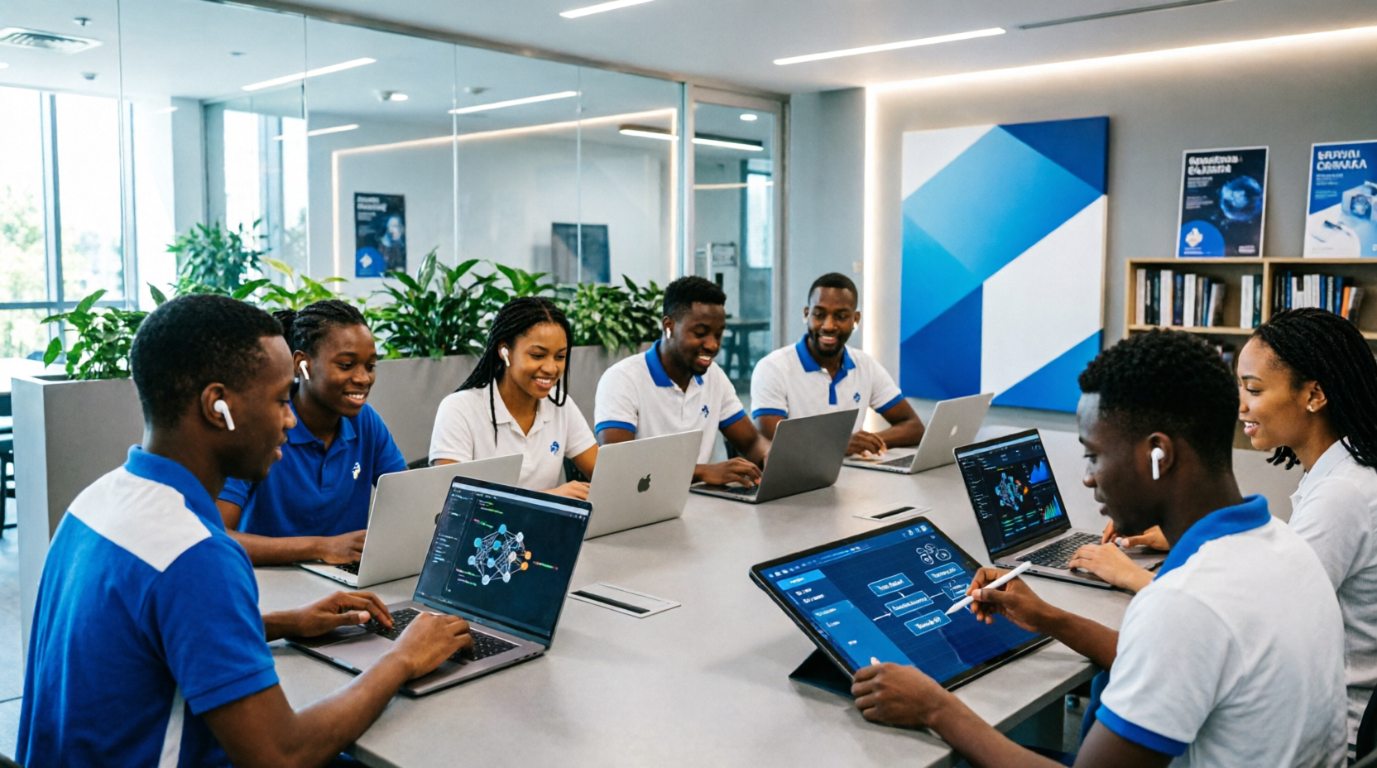 Young SAIYA team members collaborating on laptops and AI projects